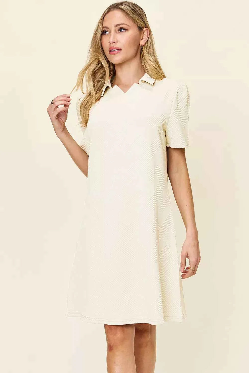 Double Take Women's Texture Collared Neck Short Sleeve Dress S-3XL Cream