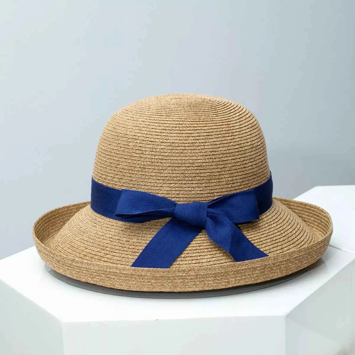 Women's Wide Brim Woven Straw Sun Hat Ribbon Accent Beach Resort Multi One Size Blue One Size
