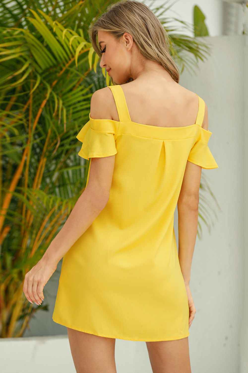 Women's Solid Cold-Shoulder Ruffle Summer Mini Dress Short Sleeve Yellow S-XL
