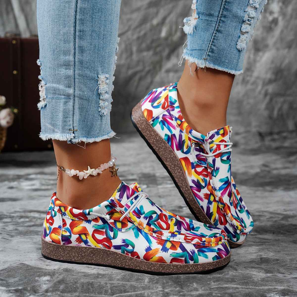 Women's Colorful Abstract Print Casual Loafers Slip-On Flat Shoes 5-11 EU 36-43