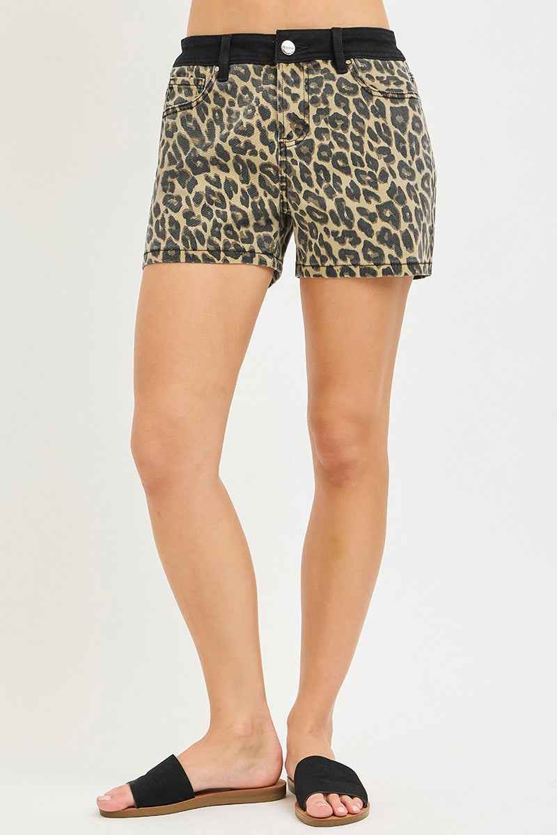 RISEN Women's High Rise Leopard Print Shorts Contrast Waistband Coffee S-XL