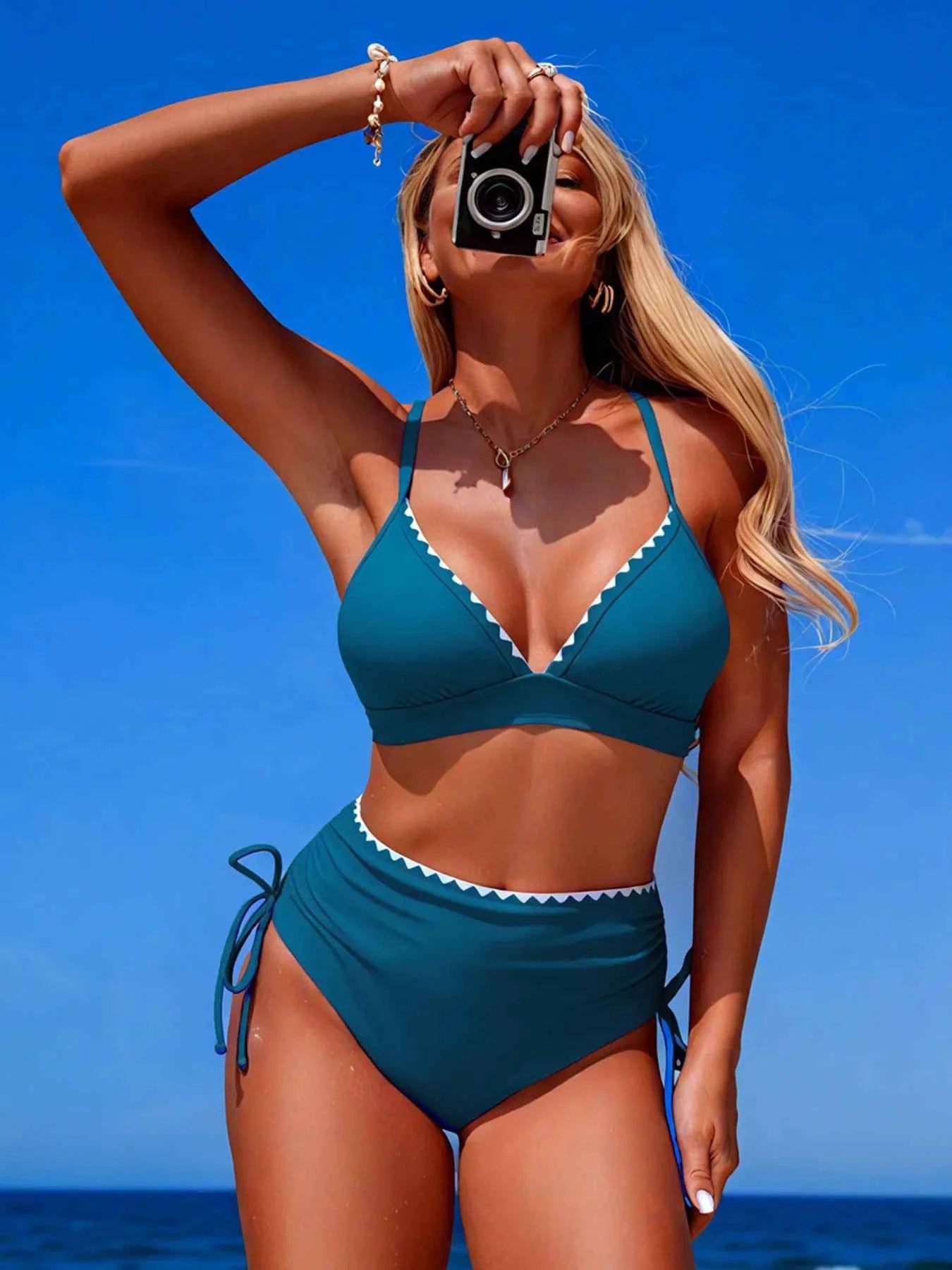 Women's Scalloped Trim High-Waisted Two-Piece Swim Set Drawstring Multi S-2XL Peacock Blue