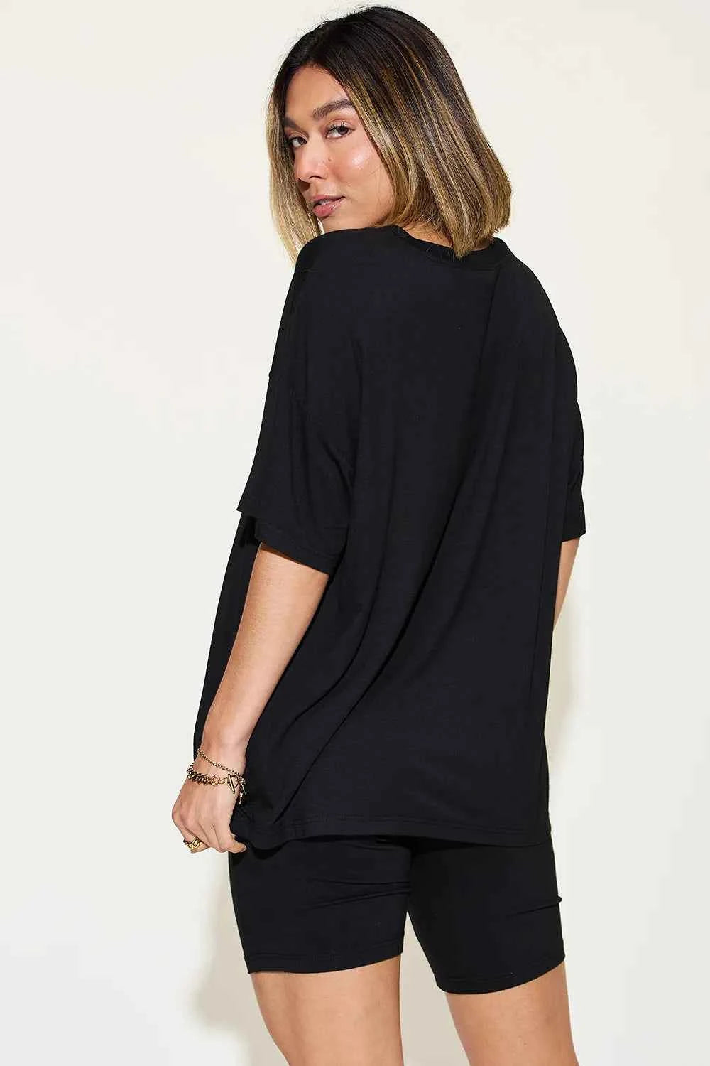 Women's Basic Bae V-Neck Drop Shoulder T-Shirt and Shorts Set Multi Colors S-3XL