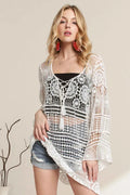 Women's Adora Front Lace-Up Crochet Beach Cover Up Sheer Boho White S/M-M/L WHITE
