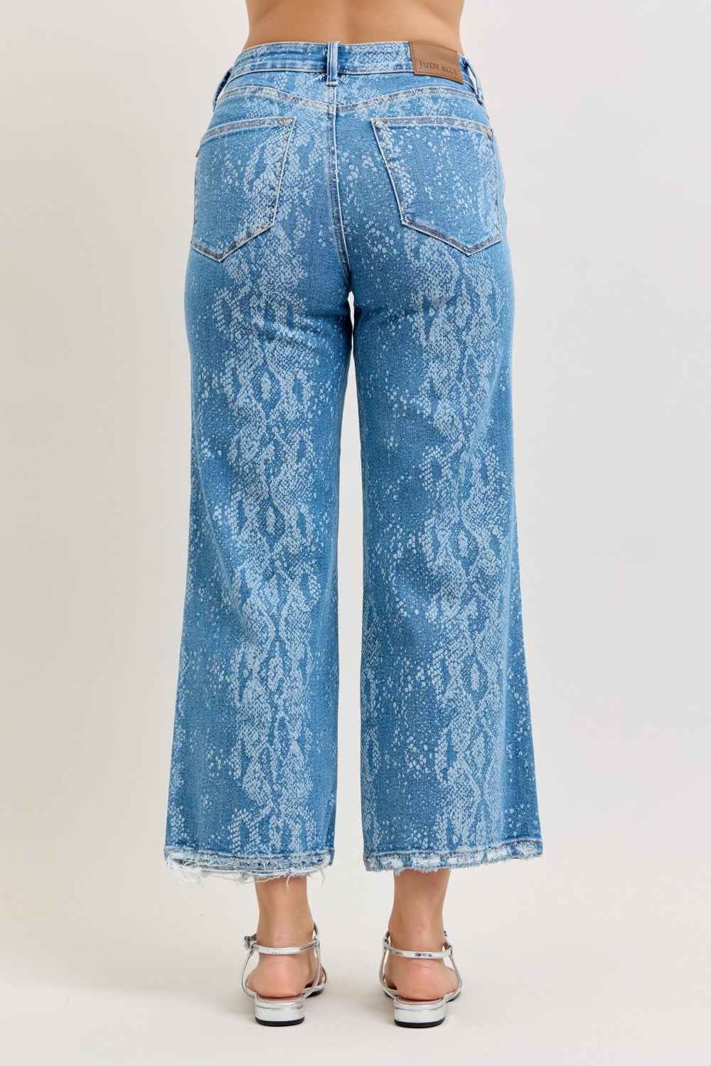Judy Blue Women's High Rise Ankle Wide Leg Jeans Raw Hem Print 0-15