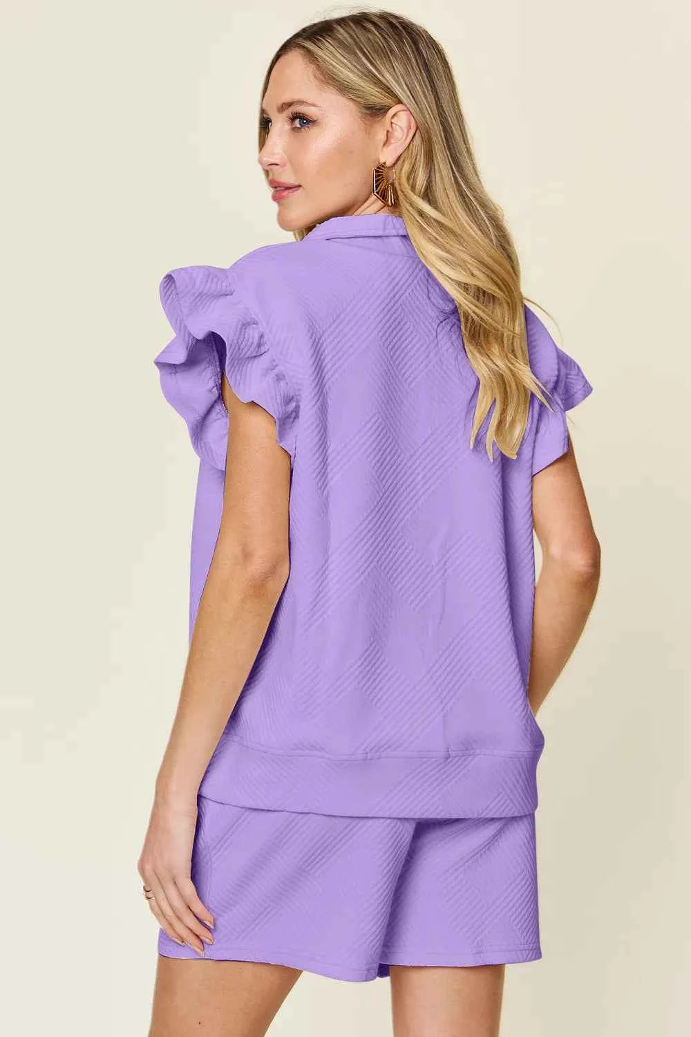 Women's Double Take Flounce Sleeve V-neck Top Shorts Set Two-Piece Multi Colors S-3XL