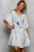 Women's Embroidered Tassel Mini Dress Square Neck Ruffle Sleeve Ivory S-M IVORY