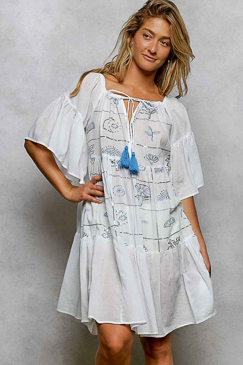 Women's Embroidered Tassel Mini Dress Square Neck Ruffle Sleeve Ivory S-M IVORY