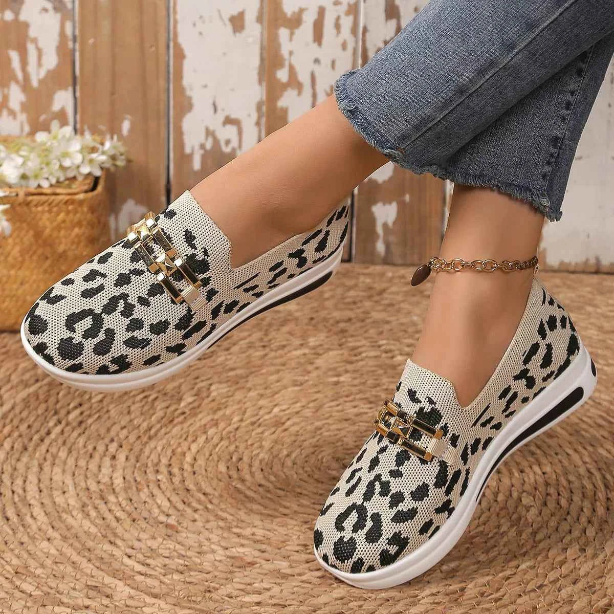 Women's Leopard Print Mesh Slip-On Sneakers Boho Coastal Multi Colors US 5-11 Khaki