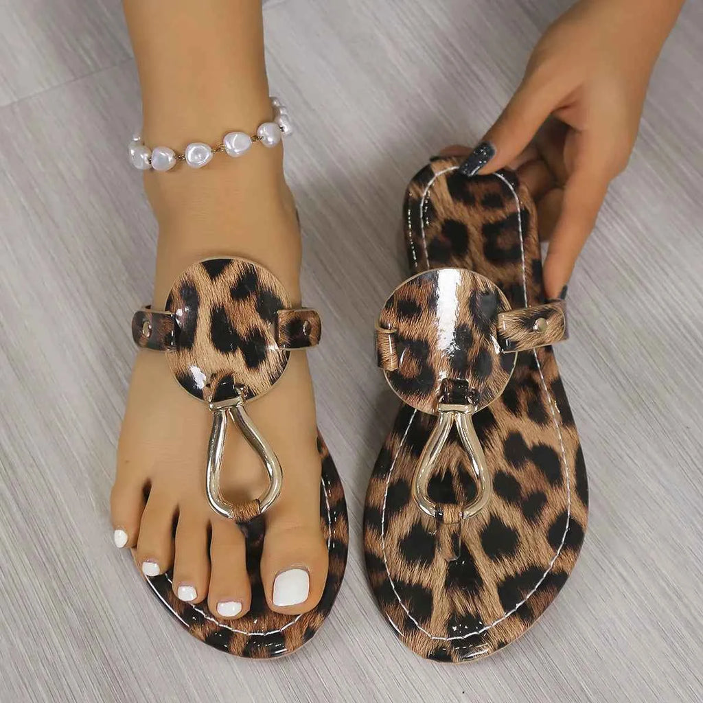 Women's Leopard Print Toe Post Faux Leather Flat Sandals Resort EU 35-43 Leopard Print