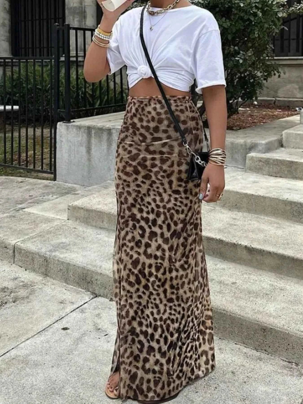 Women's Leopard Print High-Waisted Maxi Skirt Side Split Not Lined S-2XL