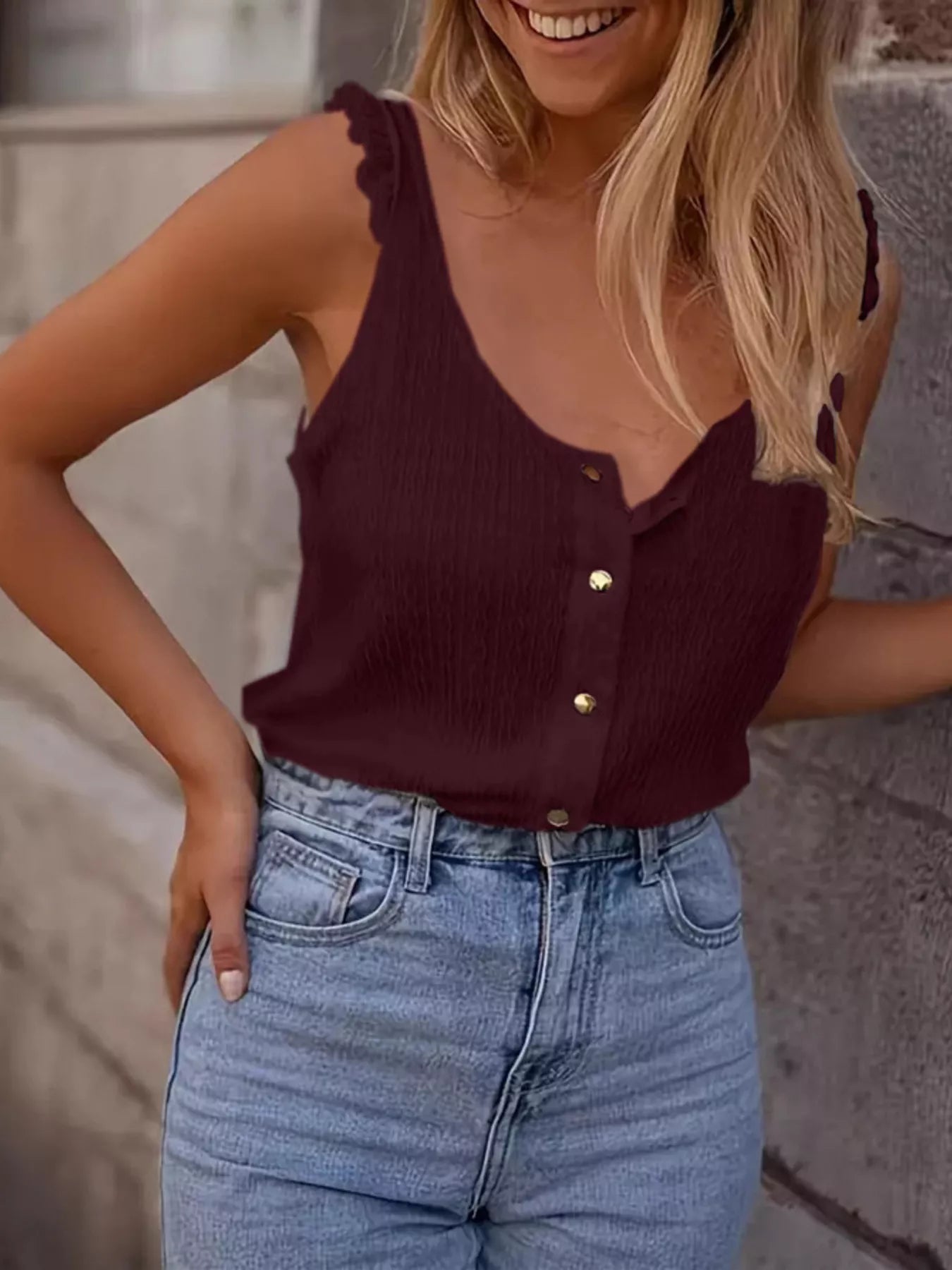 Textured Button-Up Tank Burgundy