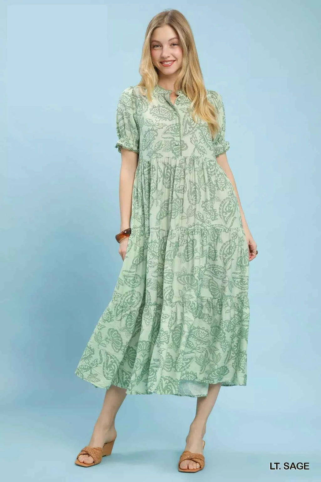 Umgee Women's Paisley Print Boho Tiered Midi Dress Pockets Light Sage S-L LT. SAGE