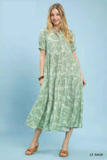 Umgee Women's Paisley Print Boho Tiered Midi Dress Pockets Light Sage S-L LT. SAGE