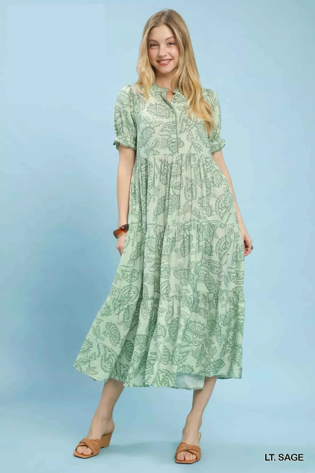Umgee Women's Paisley Print Boho Tiered Midi Dress Pockets Light Sage S-L LT. SAGE