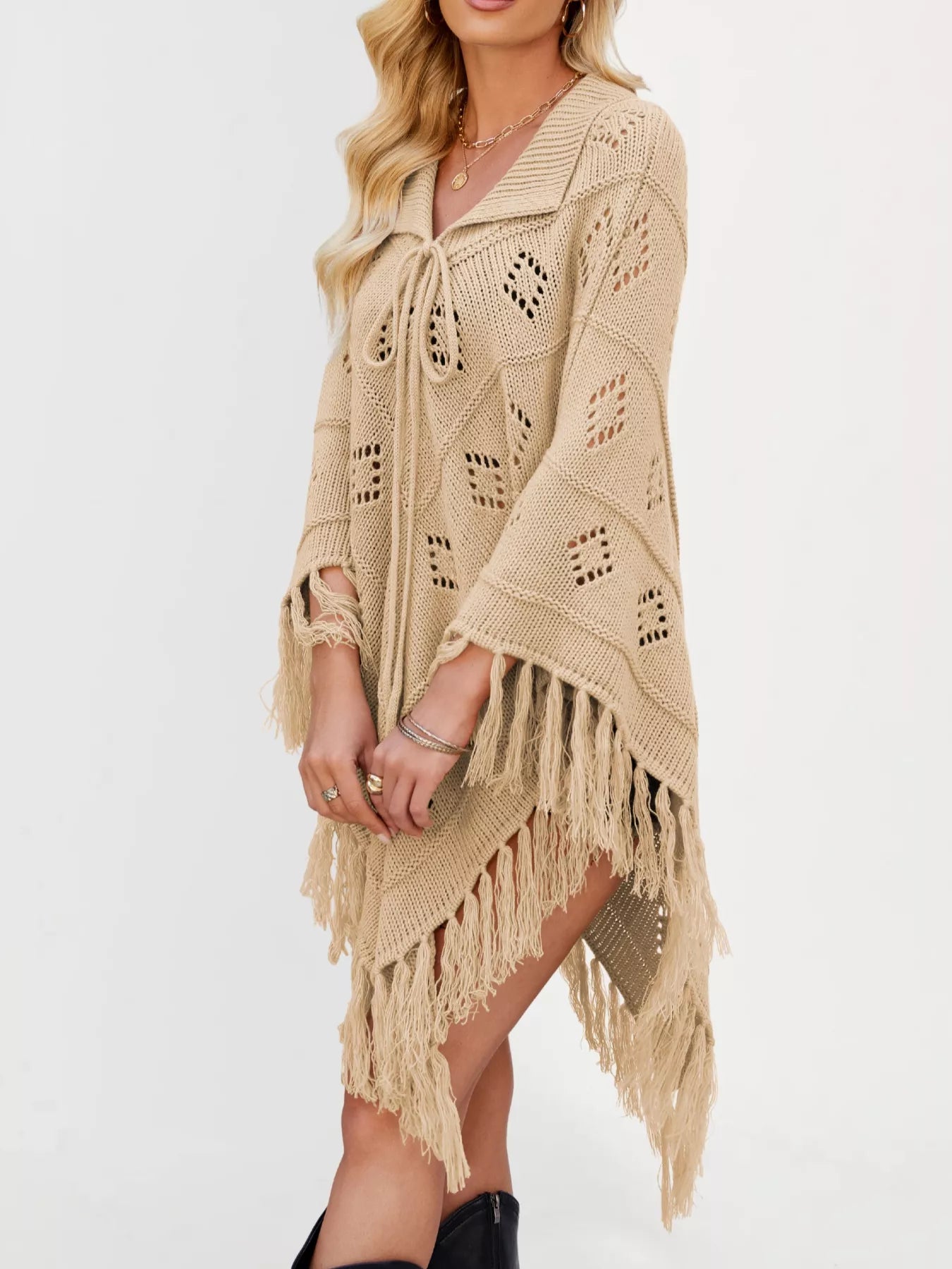 Women's Fringe Tassel Tie Openwork Knit Boho Beach Cover Up Multi Colors S-XL