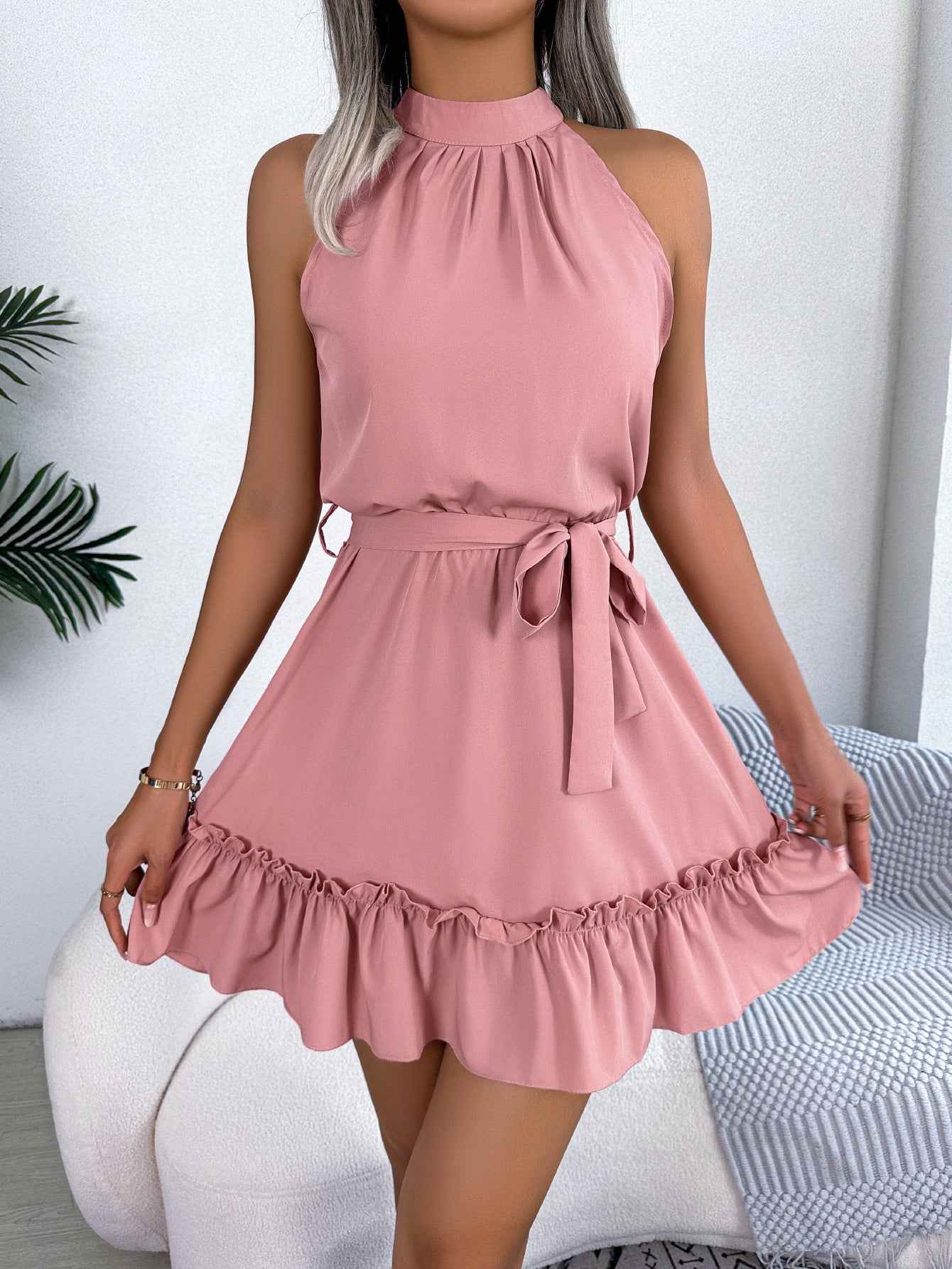 Halter Neck Ruffle Hem A-Line Dress