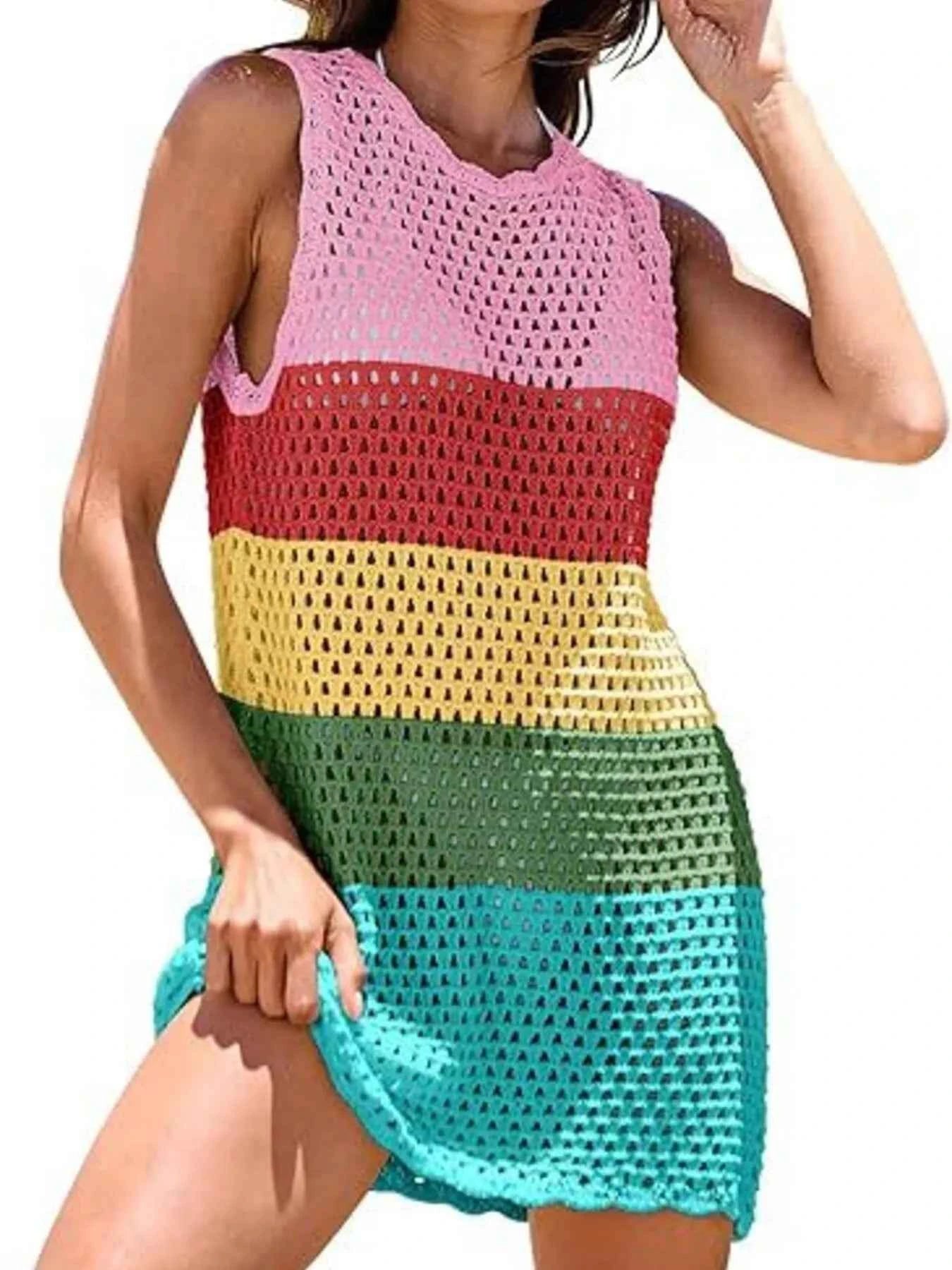 Women's Color Block Openwork Sleeveless Cutout Back Cover-Up Multi S-2XL