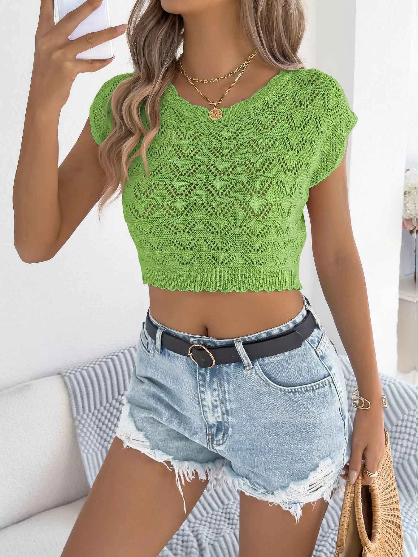 Women's Openwork Crochet Cap Sleeve Sweater Top Lightweight Multi Colors S-XL Green