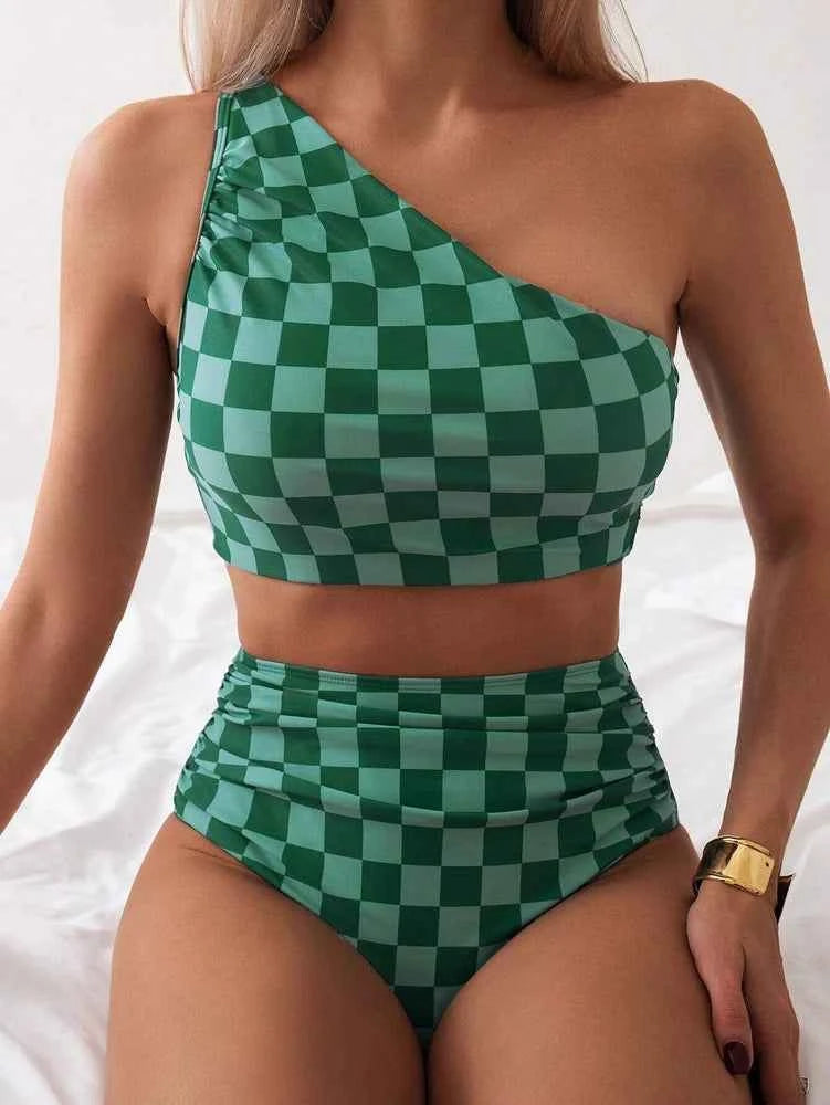 Women's Single Shoulder Two-Tone Grid Bikini Set Two-Piece Quick Dry S-XXL