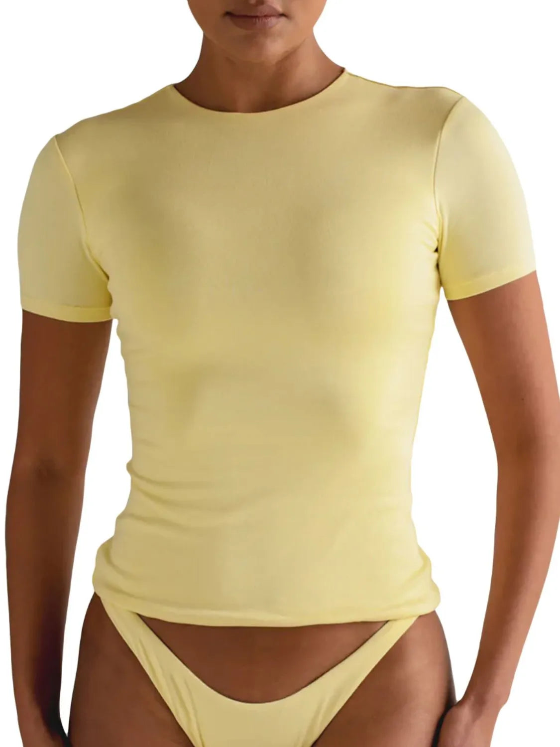 Women's Round Neck Short Sleeve Swim Top – 9 Colors Pastel Yellow