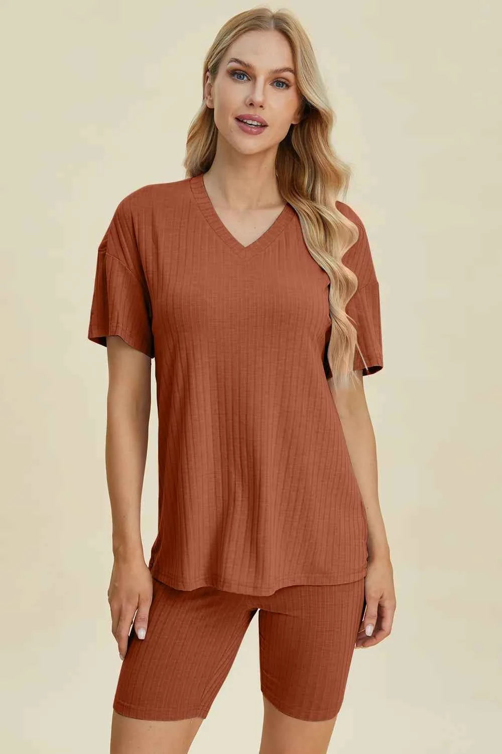 Women's Basic Bae Ribbed V-Neck Top and Shorts Set Two-Piece Multi Colors S-3XL Caramel