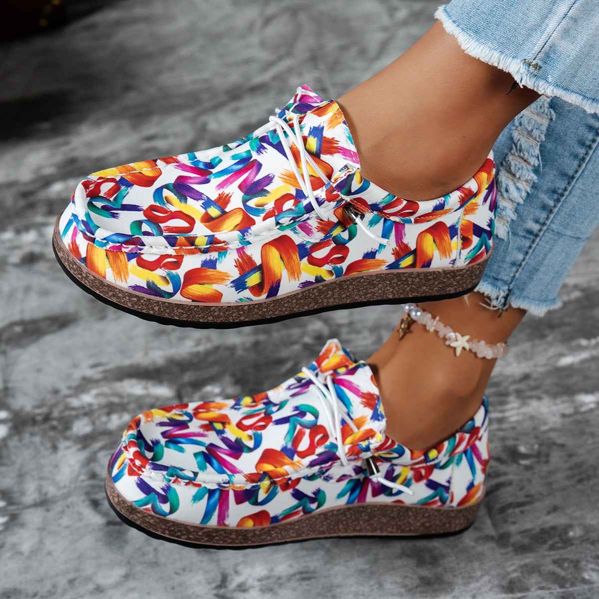 Women's Colorful Abstract Print Casual Loafers Slip-On Flat Shoes 5-11 EU 36-43