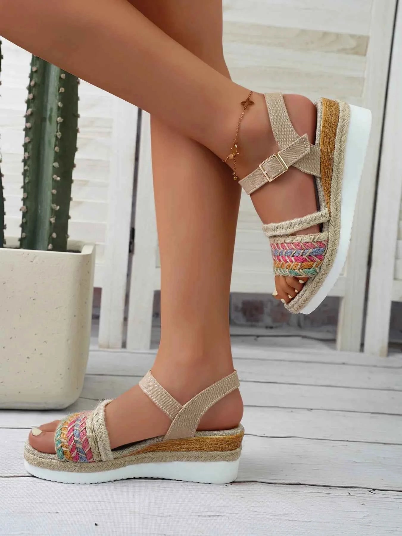 Women's Braided Rainbow Strap Platform Wedge Sandals Camel US 5-11