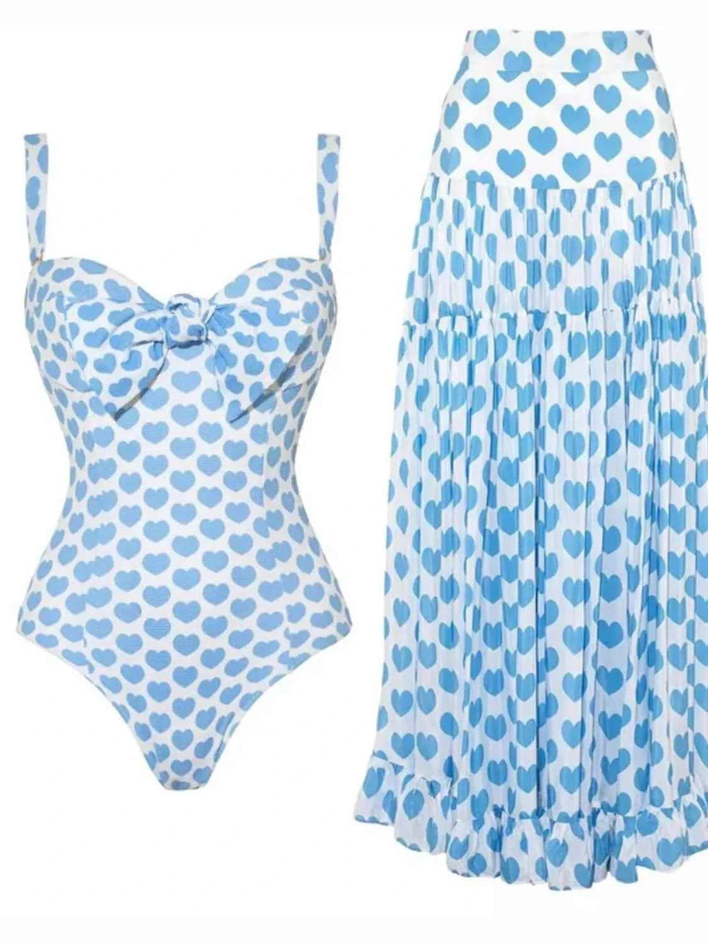 Women's Sweetheart Ruffle Bow Swimsuit & Skirt Set Polka Dot Hearts Print S-XL