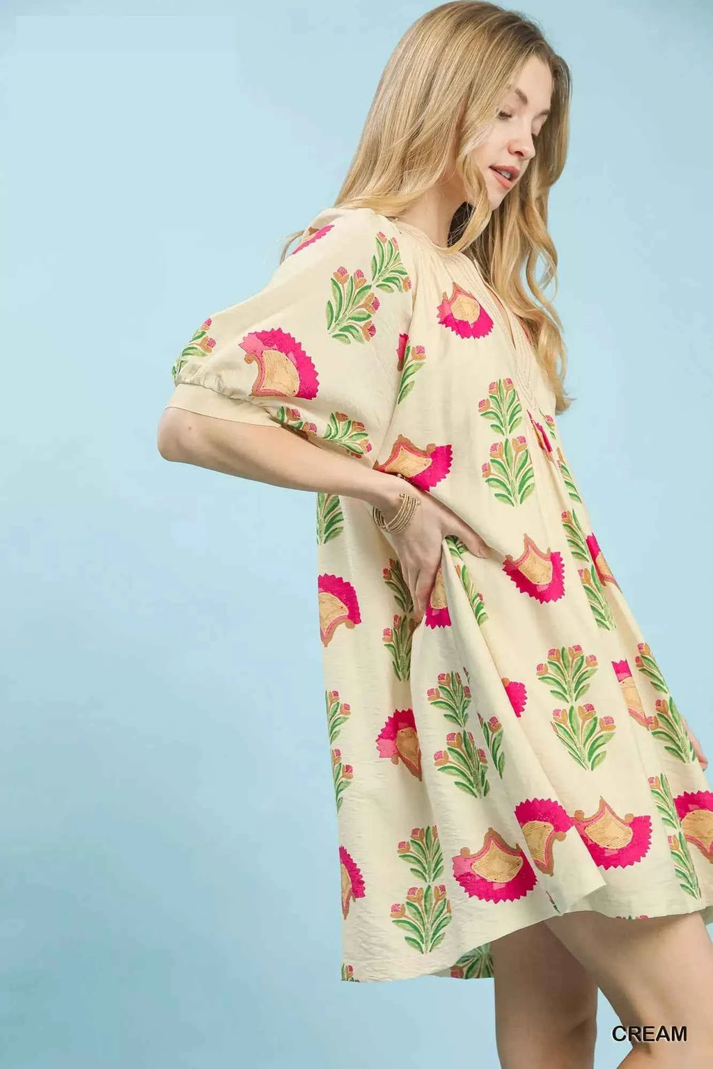 Umgee Women's Abstract Print Mini Dress Effortless Boho Style Cream S-L