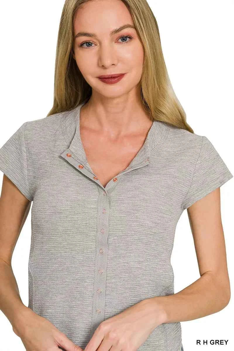 Women's Zenana Double Knit Snap Button Short Sleeve Shirt Heather Grey S-L