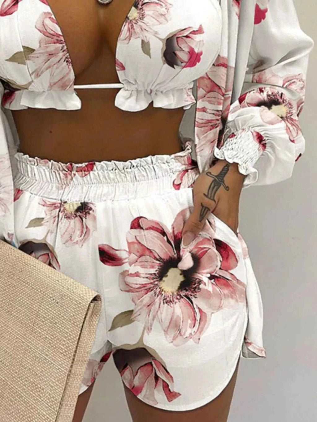 Women's Plus Size Halter Cami Shirt & Shorts 3-Piece Set Smocked Frill S-3XL