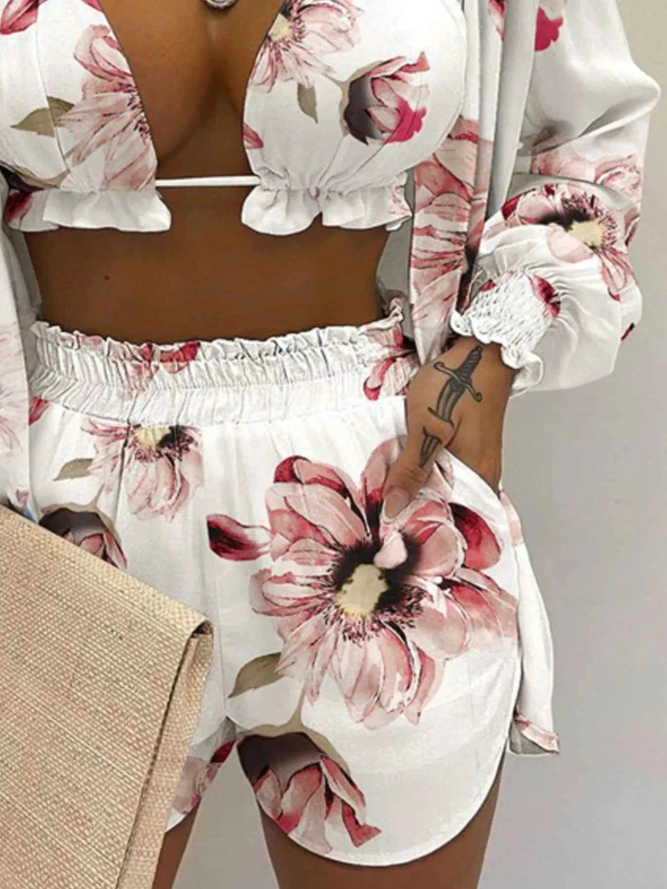 Women's Plus Size Halter Cami Shirt & Shorts 3-Piece Set Smocked Frill S-3XL
