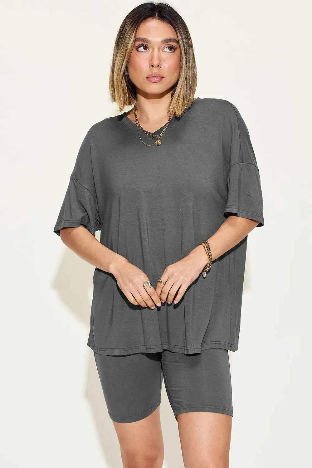 Basic Bae Women's V-Neck Drop Shoulder T-Shirt Shorts Set S-3XL Dark Gray