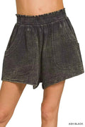 Women's Zenana Washed Double Gauze Shorts Pockets Relaxed Fit Ash Black S-L ASH BLACK
