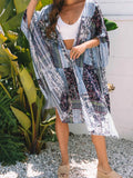 Women's Printed Open Front Cover Up Oversized Beach Kimono Blue One Size Blue One Size