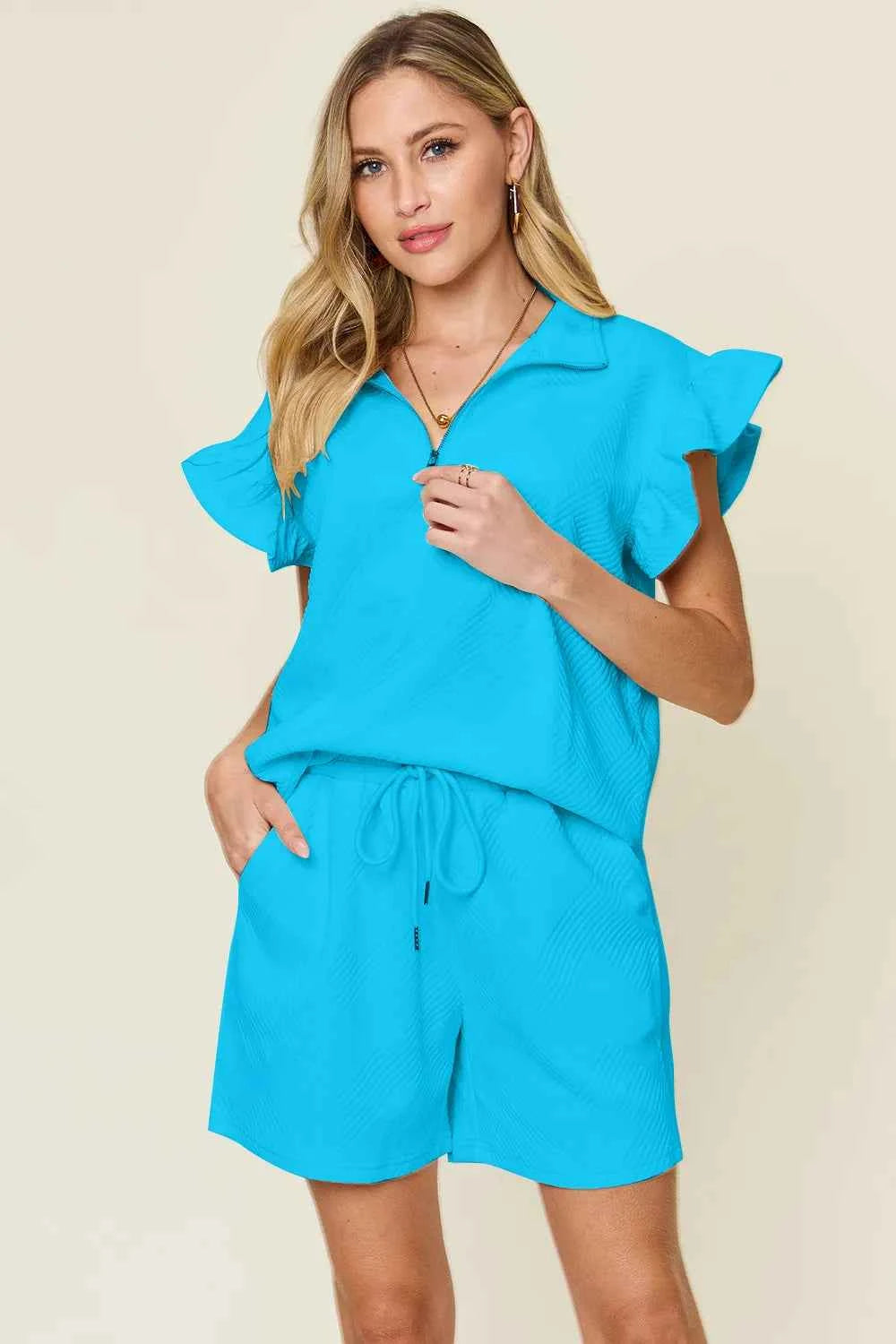 Women's Double Take Flounce Sleeve V-neck Top Shorts Set Two-Piece Multi Colors S-3XL