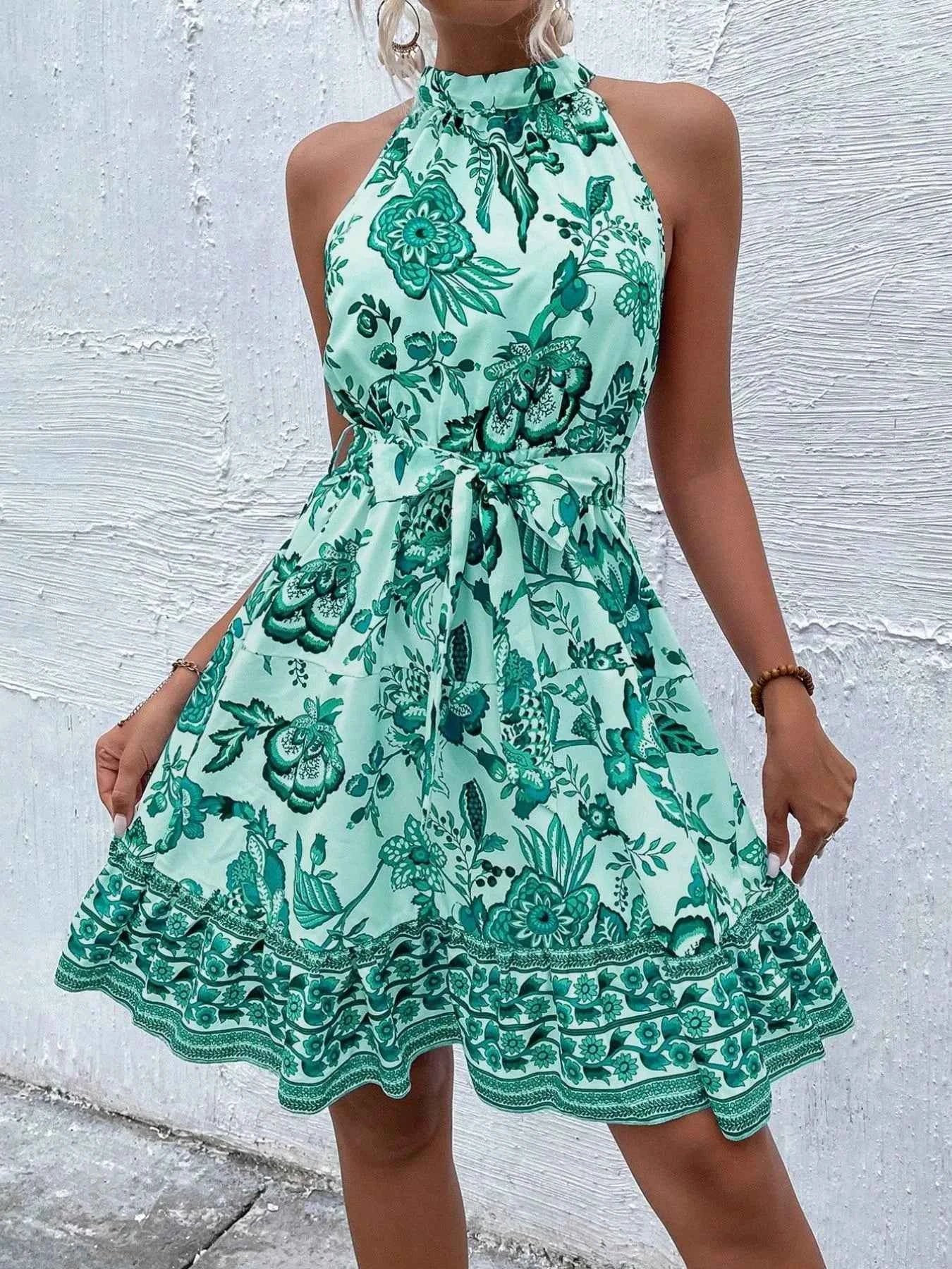 Women's Floral Halter Neck Midi Dress Belt Tie Boho Beach Resort Multi Colors S-XXL