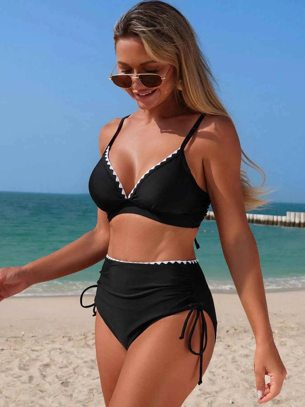 Women's Scalloped Trim High-Waisted Two-Piece Swim Set Drawstring Multi S-2XL
