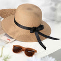 Women's Floppy Straw Sun Hat with Bow Detail Beach Resort Khaki Beige One Size Khaki One Size