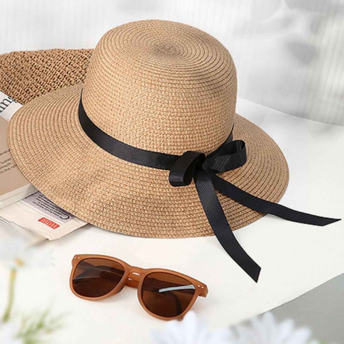 Women's Floppy Straw Sun Hat with Bow Detail Beach Resort Khaki Beige One Size Khaki One Size