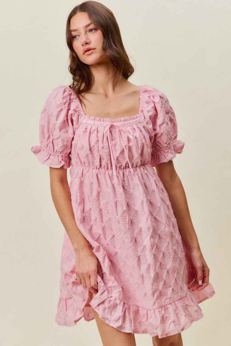 Women's SO ME Woven Ruched Bust Mini Dress Smocked Ruffle Pink S-XL