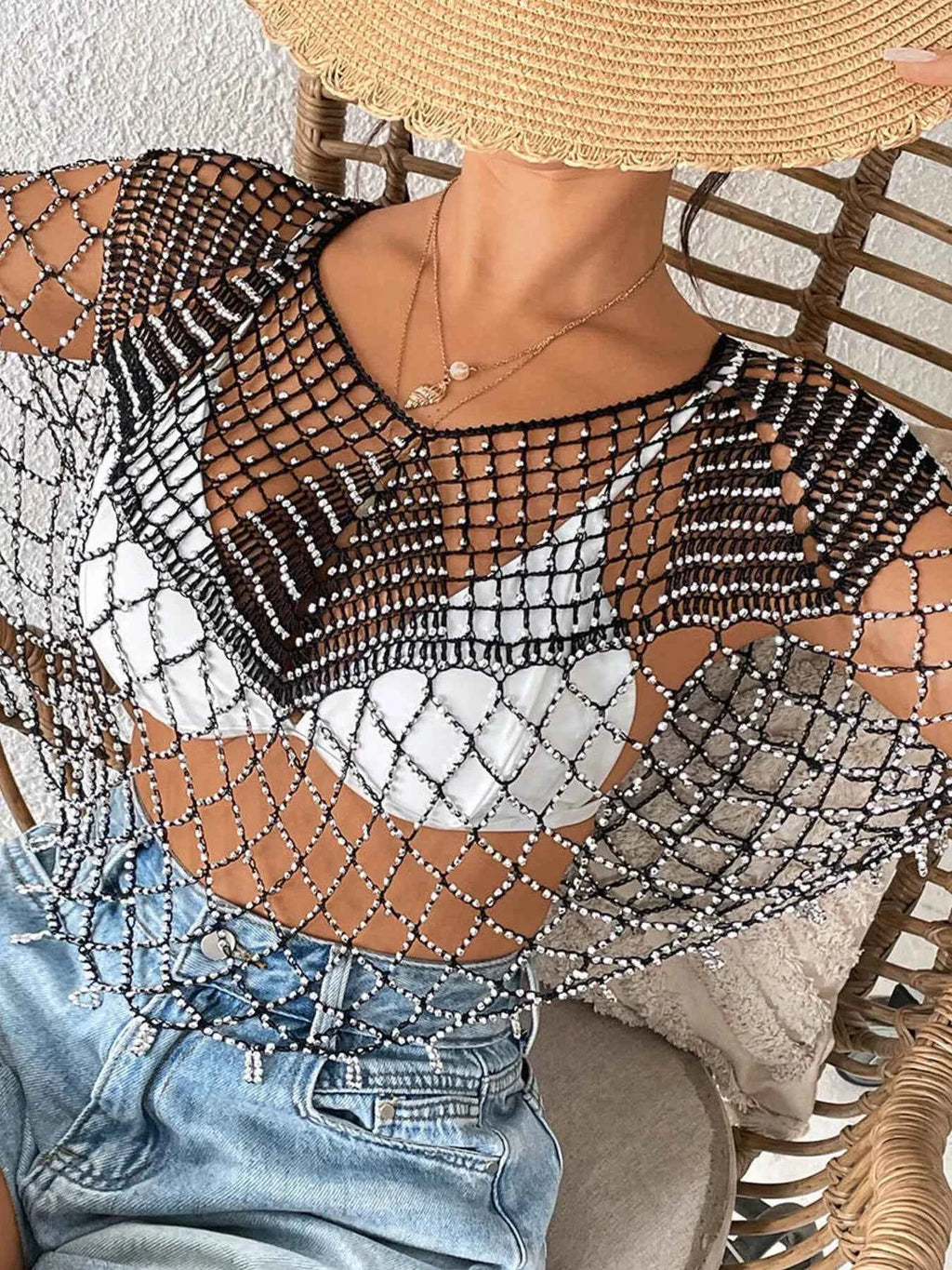 Women's Beaded Crochet Cover Up Cutout Beach Boho One Size Black White Gold