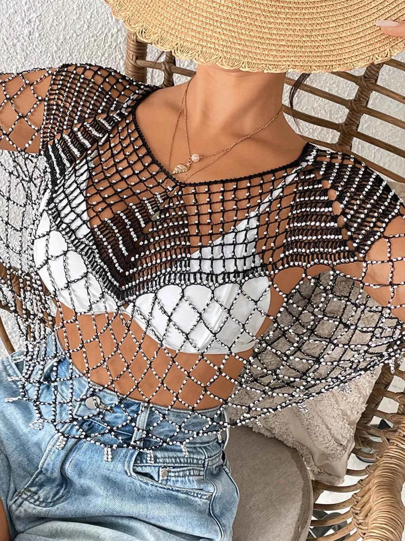 Women's Beaded Crochet Cover Up Cutout Beach Boho One Size Black White Gold