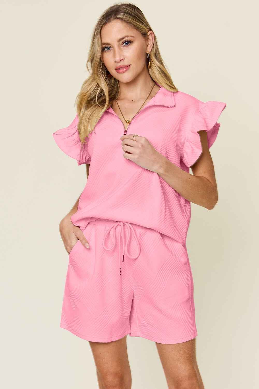 Double Take Women's Flounce Sleeve V-Neck Top Drawstring Shorts Set S-3XL Carnation Pink