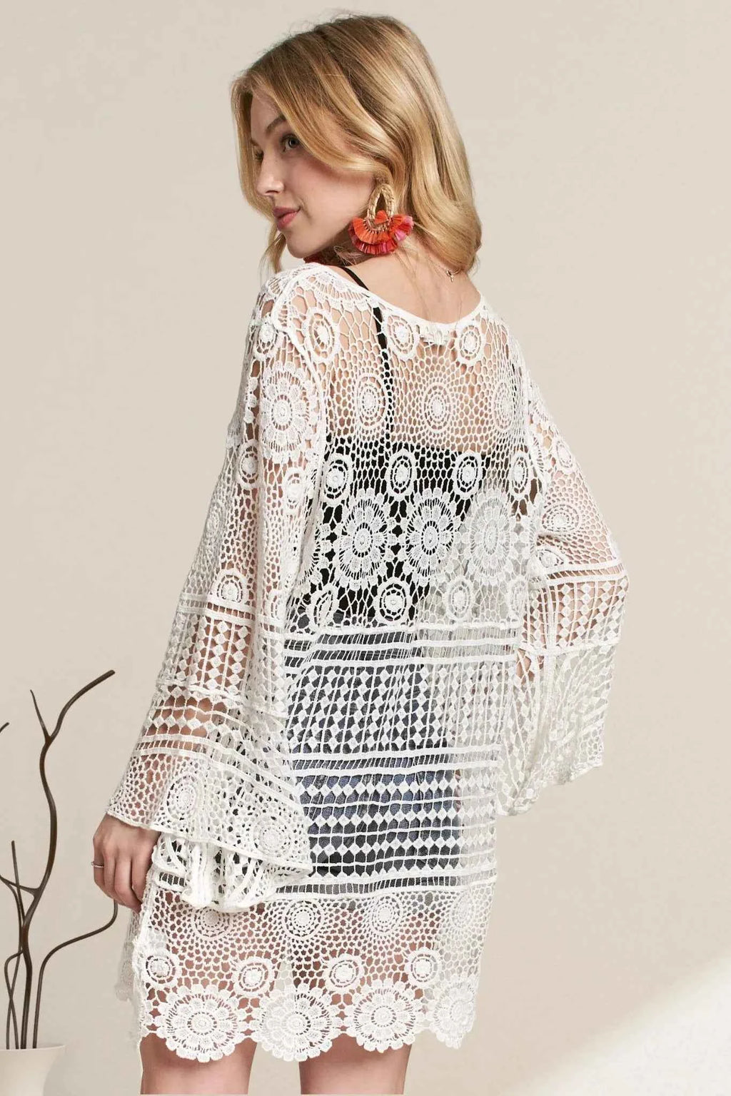 Women's Adora Front Lace-Up Crochet Beach Cover Up Sheer Boho White S/M-M/L