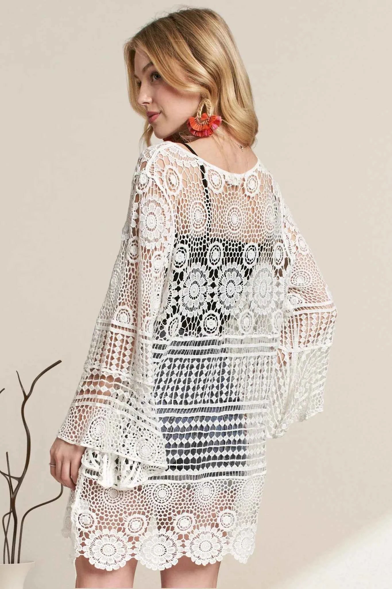 Women's Adora Front Lace-Up Crochet Beach Cover Up Sheer Boho White S/M-M/L