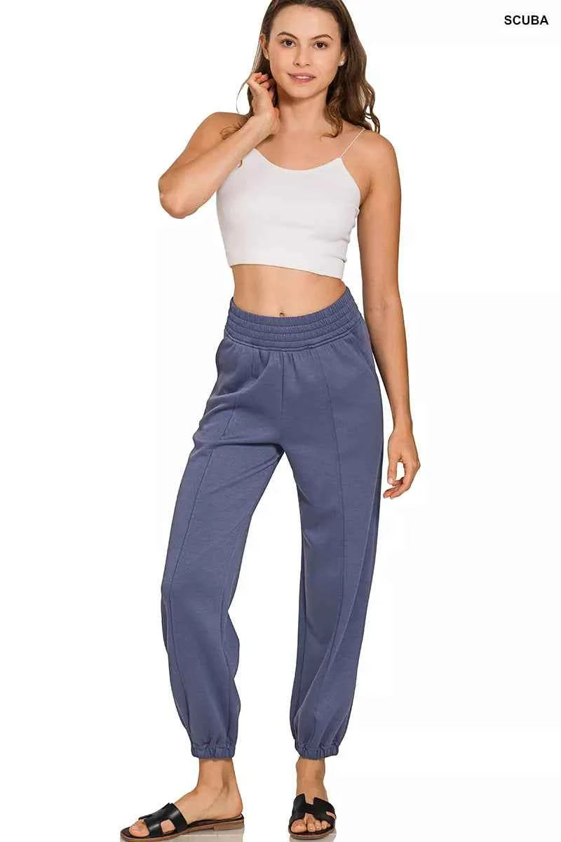 Women's Zenana Scuba Elastic Waist Jogger Sweatpants Pockets Blue Indigo S-L
