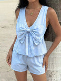 Striped Bowknot Sleeveless Top & Shorts Set Blue