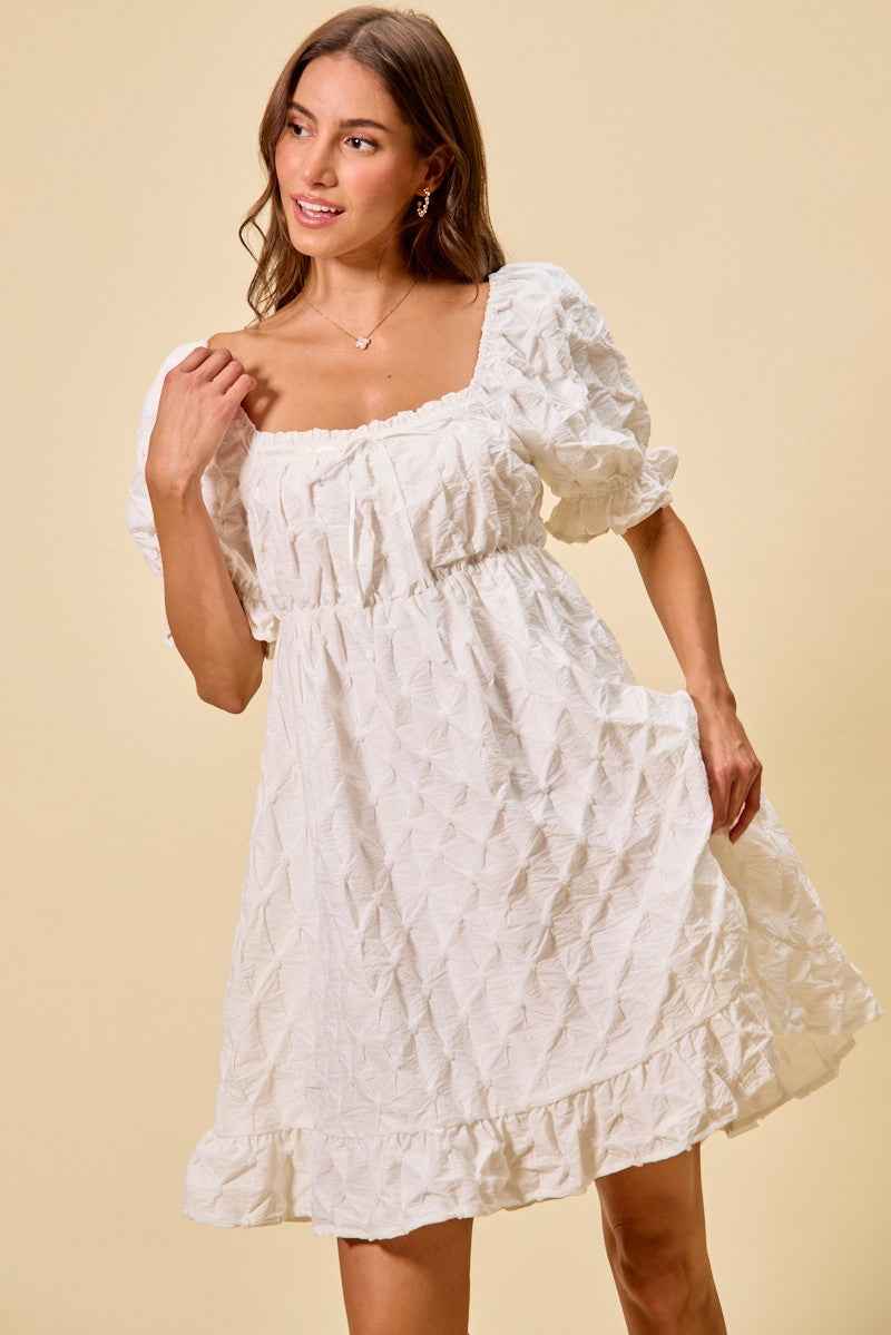Women's SO ME Woven Ruched Bust Mini Dress Smocked Ruffle Off White S-XL